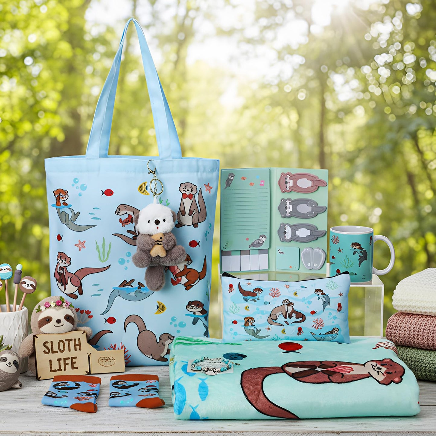 Potchen 8 Pcs Otters Gifts Set Including Blanket Socks Coffee Mug Tote Bag Cosmetic Bag Sticky Notes Set Plush Keychain Bracelet Graduation Birthday Gifts for Otter Sea Animal Lovers Men Women