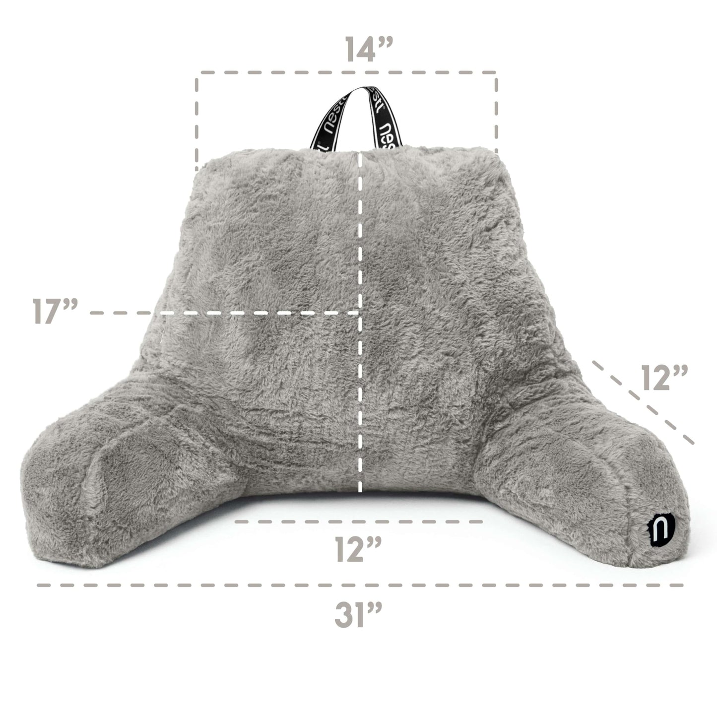 Nestl Fur Reading Pillow with Shredded Memory Foam, Stylish Back Pillow for Bed Sitting Up, Faux Fur Reading Pillows for Sitting in Bed Adult & Kids, Sit Up Back Support Pillow with Arms - Dark Grey