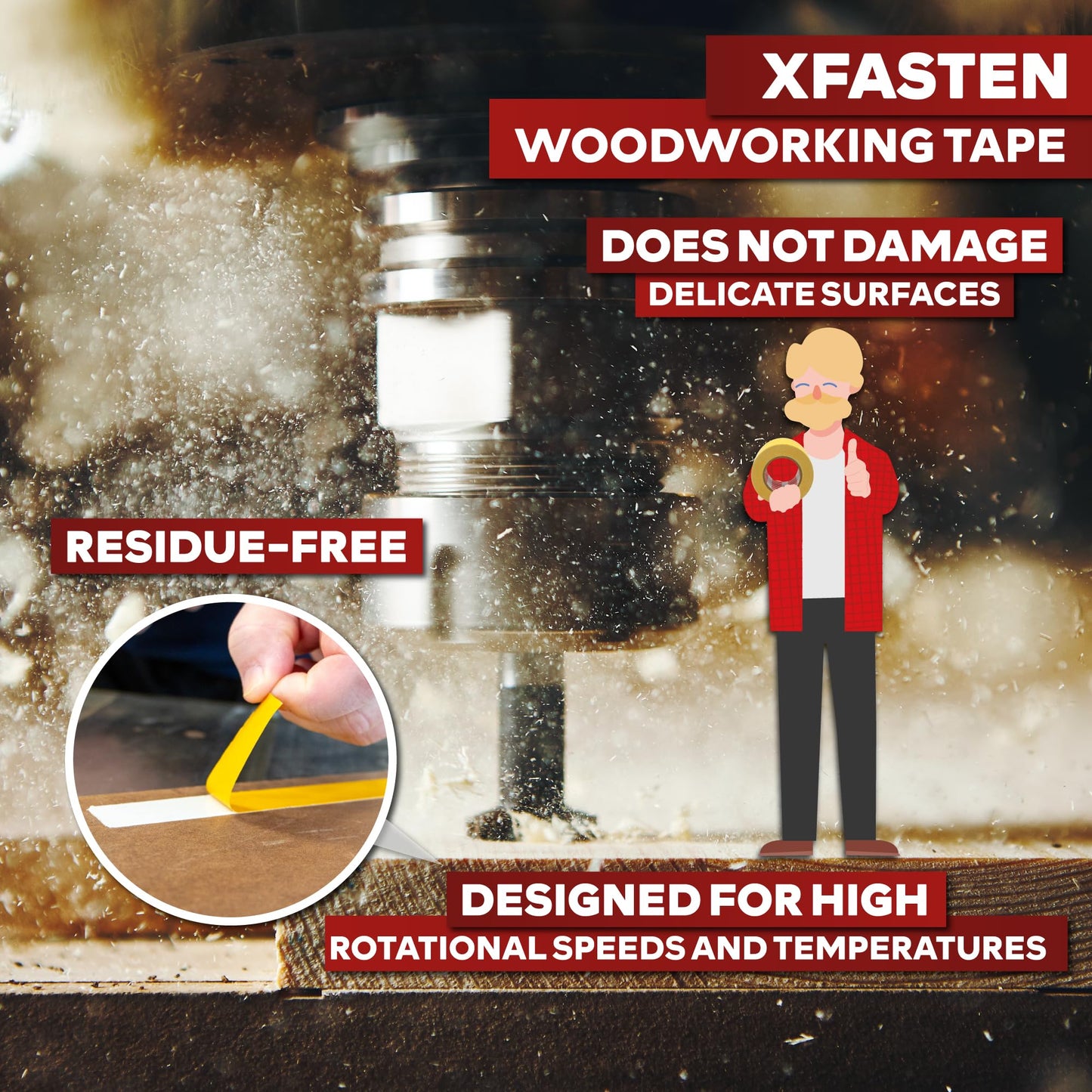 XFasten Double Sided Woodworking Tape, 1 Inch x 108 ft (6-Pack, 648 ft Total), Residue-Free, Heavy Duty, Wood-Safe Double Sided Tape for Router Templates, CNC Machines, and Woodworking Tools