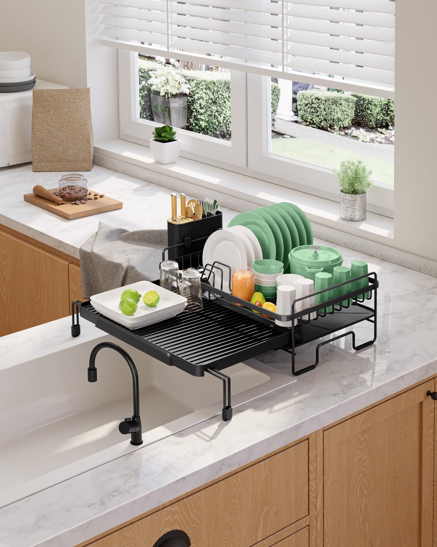 Kitsure Extendable Dish Drying Rack - Adjustable Length 12.8"–21.0", Auto-Draining Dish Rack for Kitchen Counter, Rust-Resistant Metal Frame Over-Sink Support for Plates, Bowls & Utensils, Black