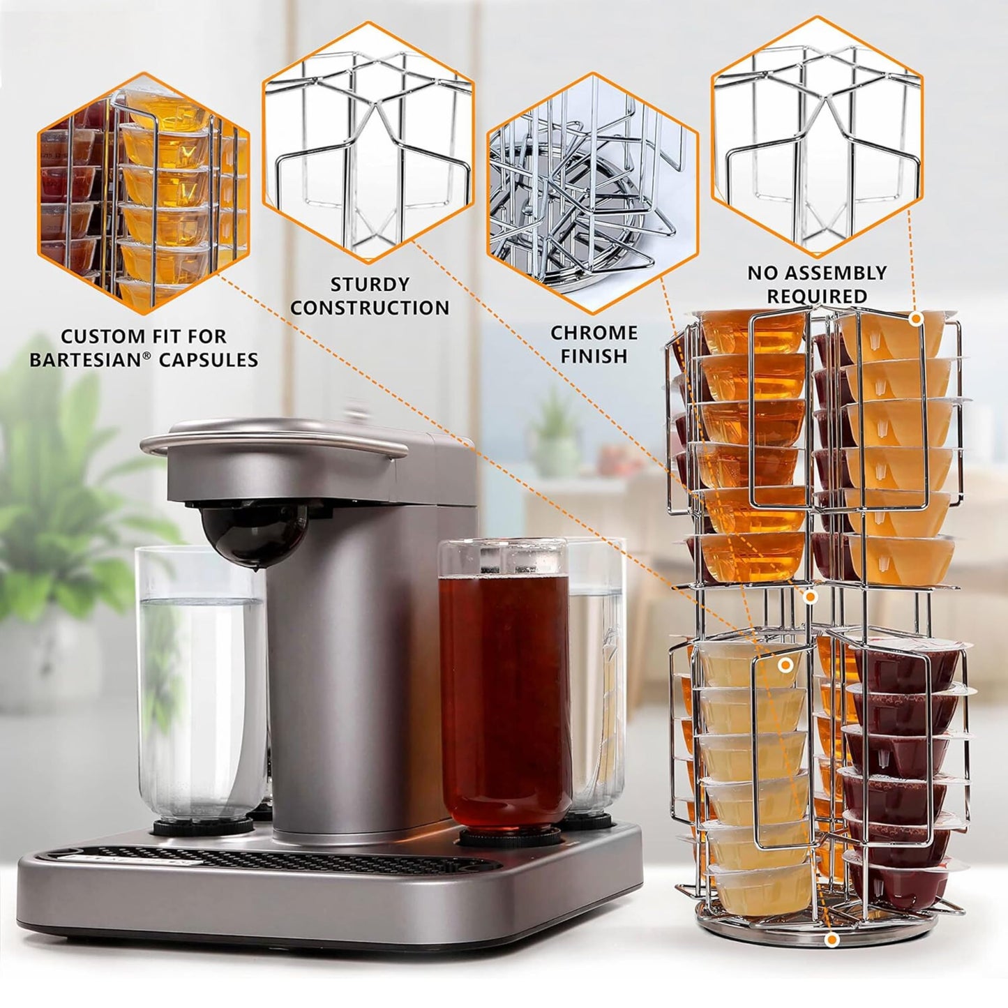 Ksestor Bartesian Capsule Holder - 48 Pod Rotating Storage Carousel, 360 Degree Chrome Tower Stand for Bartesian Cocktail Maker,Countertop Pod Organizer