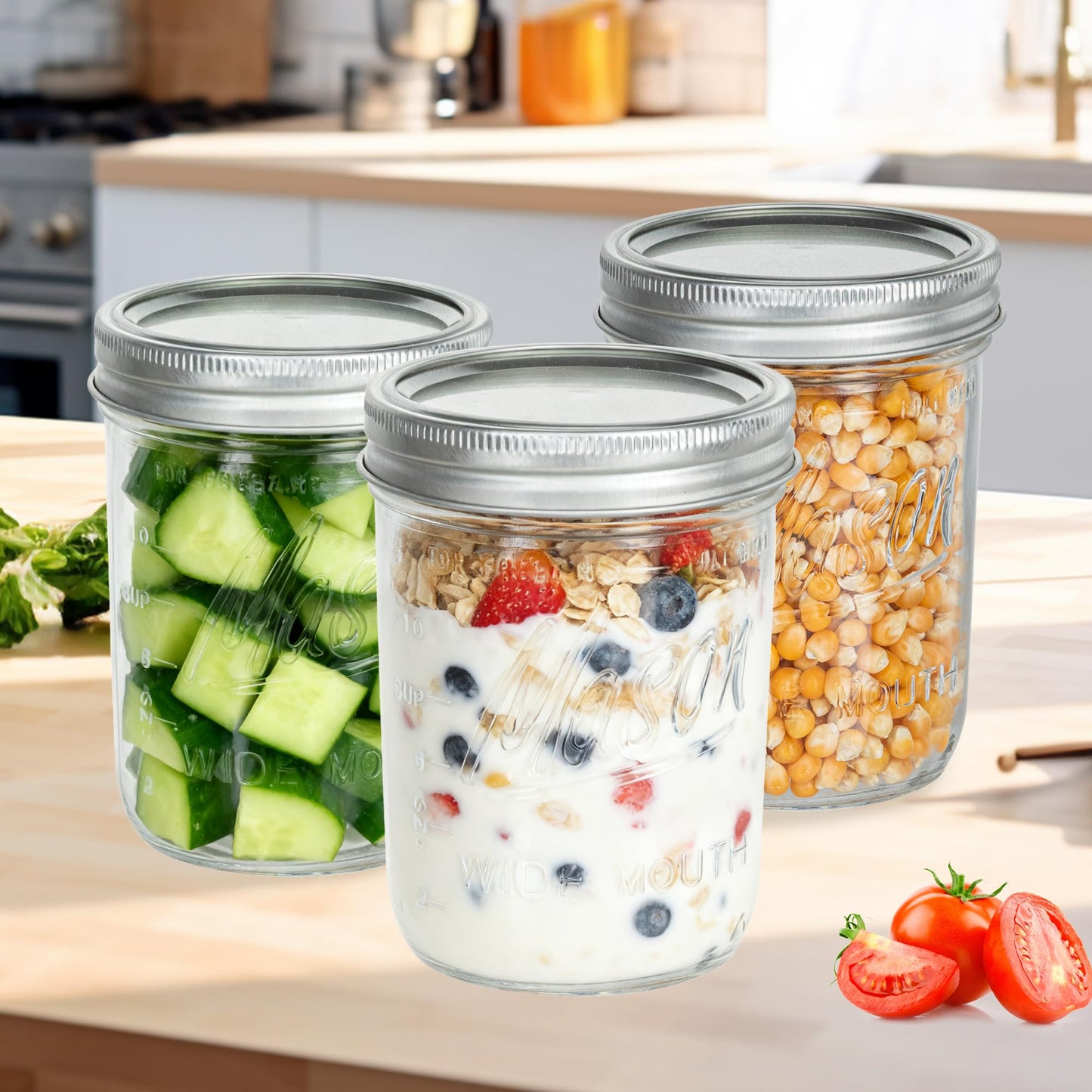 Wide Mouth Mason Jars 16 oz with Lids 8 Pack, Canning Jars with Metal Airtight Lids and Bands, 16 oz Glass Jars for Fermenting, Meal Prep, Freezing