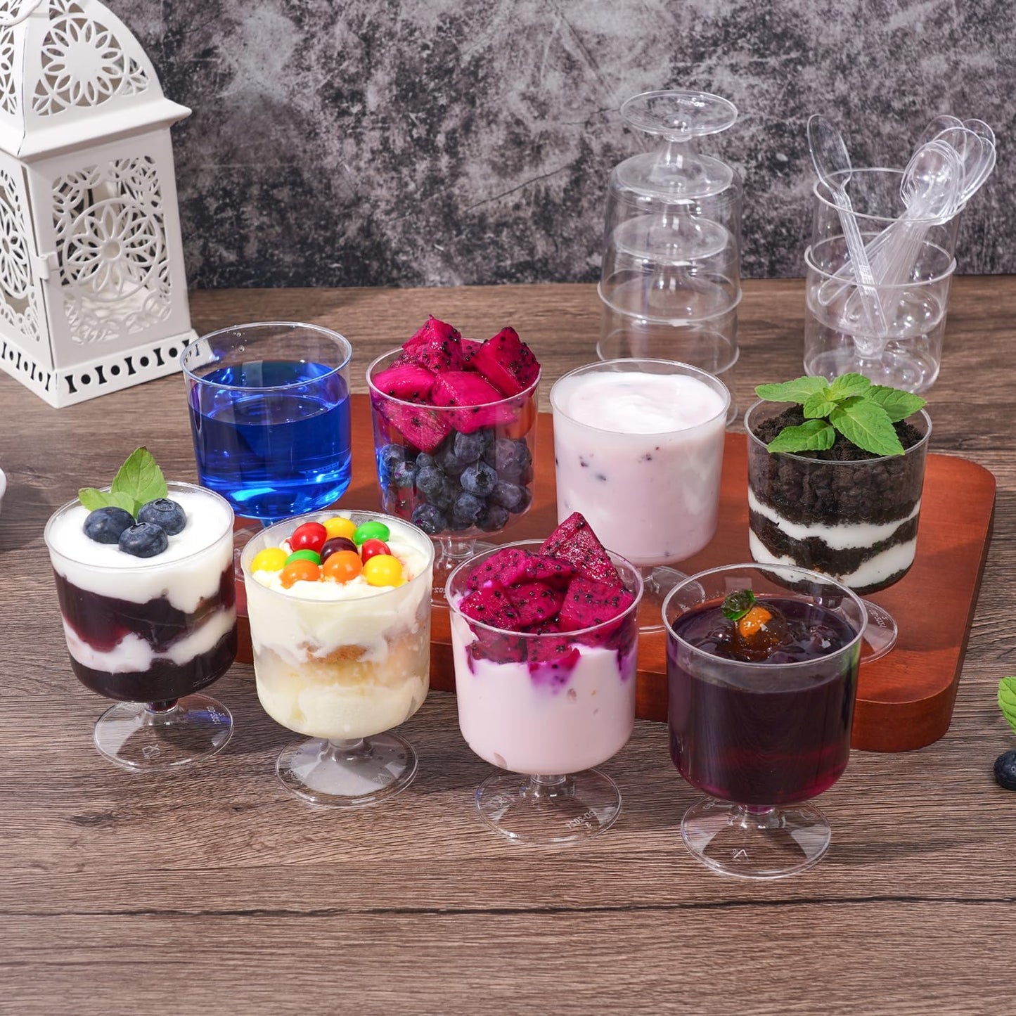 Fracurs 120 Pack Plastic Dessert Cups Set 60 Pcs 5Oz Clear Mini Parfait Cup with 60 Spoons for Party, Disposable Round Serving Golblet Wine Shot for Pudding, Fruit, Yogurt, Ice Cream, Appetizer Bowl
