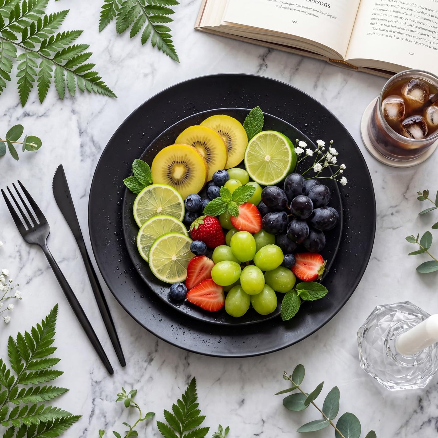 EI 150pcs Black Plastic Plates Frosted Plastic Plate,Premium Heavy Duty Black Plastic Plates,Black Disposable Plates with Plastic Silverware,10.25" Dinner Plates and 7.5" Dessert Plate Wedding Party