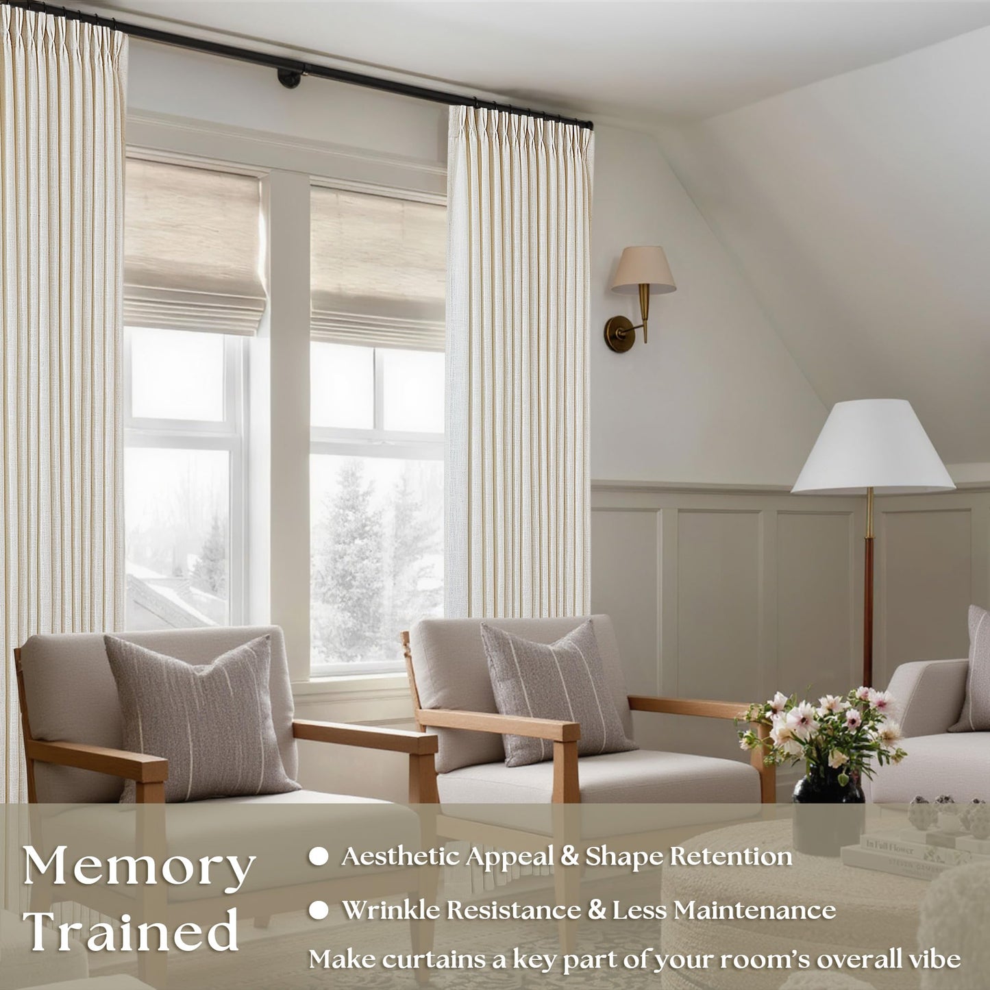 Natural Pinch Pleated Linen Curtains 84 Inch Length 2 Panels for Living Room Bedroom Textured Cream Ivory Birch Semi Sheer Boho Neutral Back Tab Pinch Pleat Hooks Rings Window Curtain 84 Inches Long