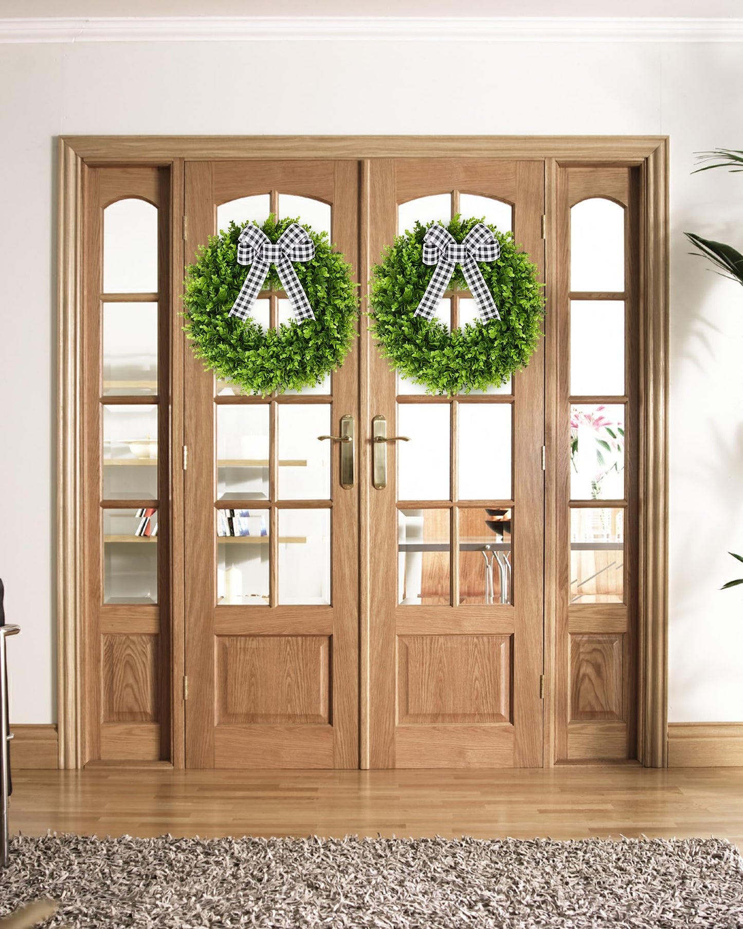 Vlorart 20" Boxwood Wreath for Front Door with Sash & Plaid Bow, Full Lush Artificial Greenery Wreath for Spring Summer Farmhouse Wall, Window & Wedding Decor
