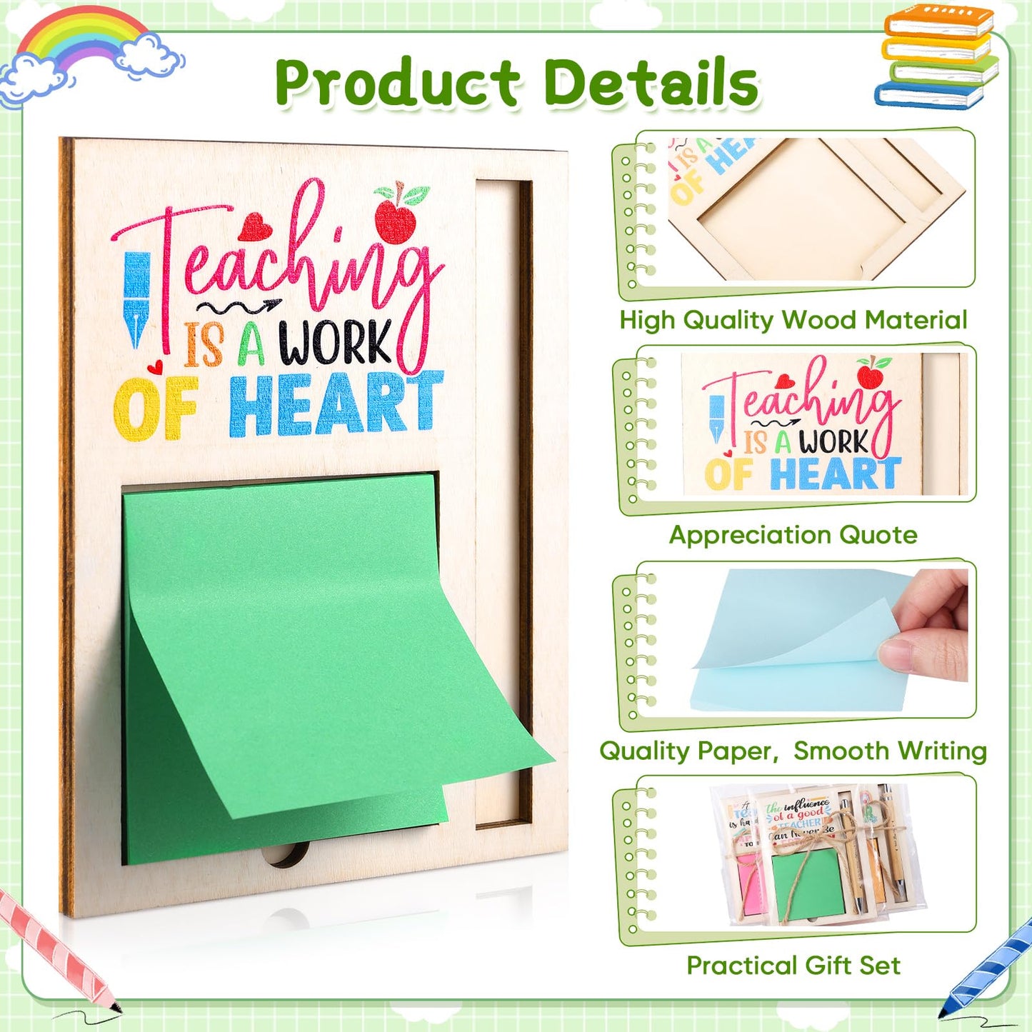 24 Set Teacher Appreciation Gifts Bulk Sticky Notes with Ballpoint Pens and Wooden Pad Holder, Appreciation Sticky Note Organizer Thank You Gifts for Teacher Coworker Nurse Office Supplies