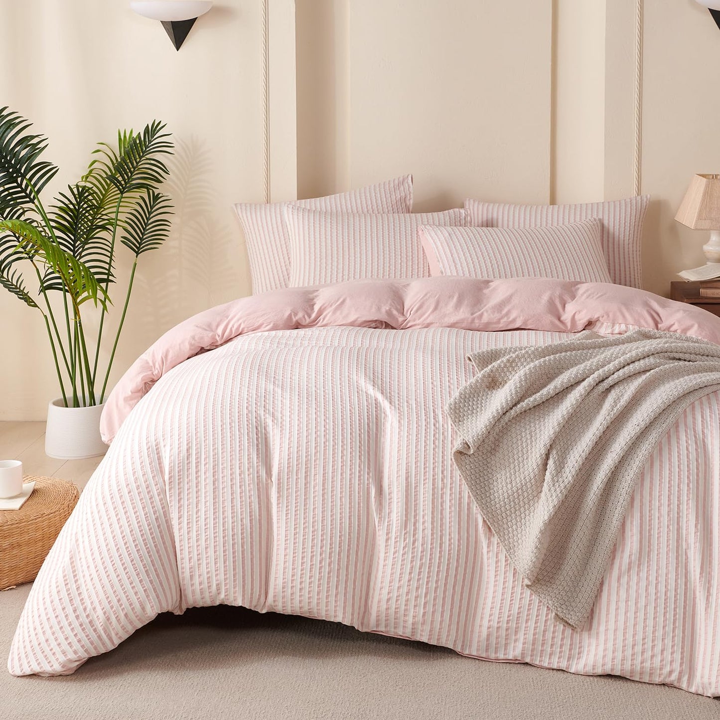 BUPIRD Pink Comforter Set Queen Size Striped 100% Soft Washed Microfiber Jacquard 3 Pieces Striped Bedding Sets Pink White Comforter Queen for All Seasons and 2 Pillowcases Comfort Breathable