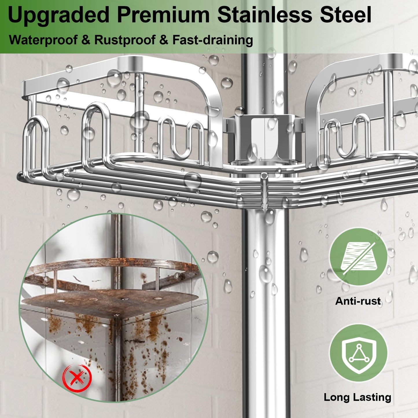 Clothink Corner Shower Caddy Tension Pole 4 Tier Adjustable Stainless Steel Shower Shelf for Inside Shower Bathtub Shampoo,Standing Bathroom Organizer Shelves with 39 to 113 inch Height