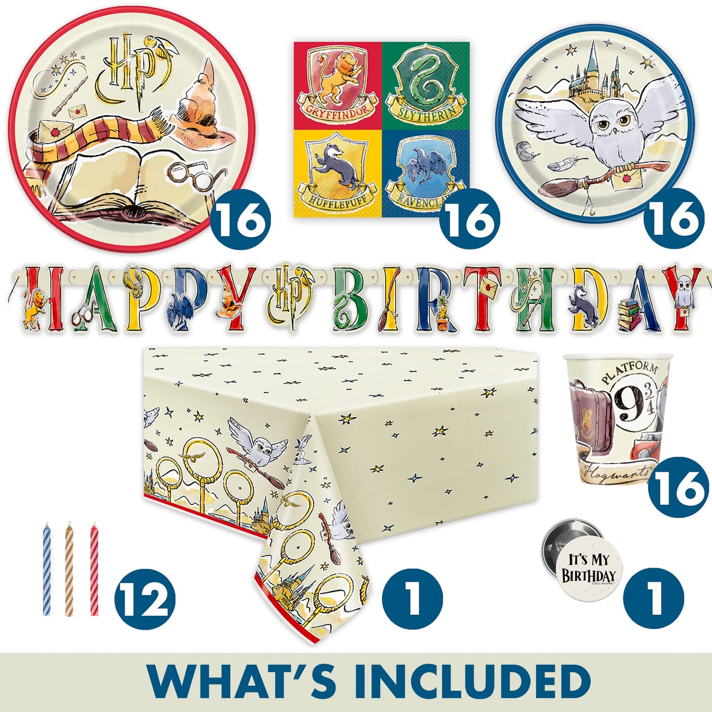 Harry Potter Birthday Decorations | Harry Potter Party Decorations | Serves 16 Guests | Table Cover, Banner, Dinner and Cake Plates, Napkins, Cups, Candles, Button | Officially Licensed