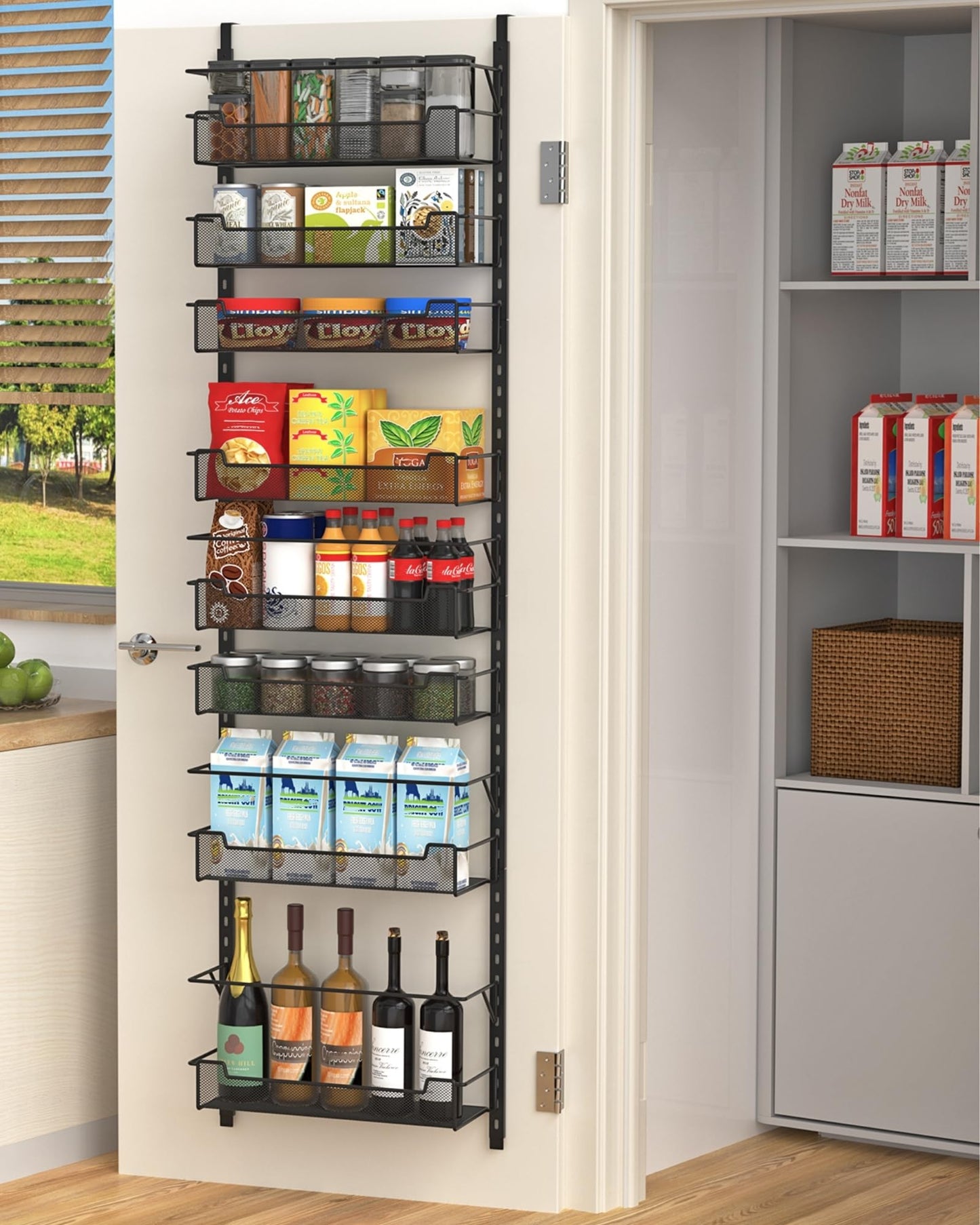 VyGrow Over the Door Pantry Organizer, 8-Tier Over the Door Organizer with Adjustable Basket, Pantry Door Organization for Pantry Kitchen Storage Room Spice Rack, Black