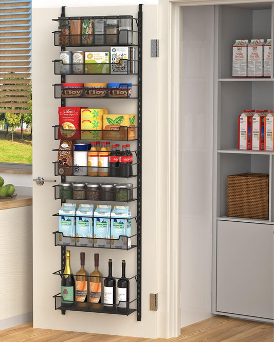 VyGrow Over the Door Pantry Organizer, 8-Tier Over the Door Organizer with Adjustable Basket, Pantry Door Organization for Pantry Kitchen Storage Room Spice Rack, Black