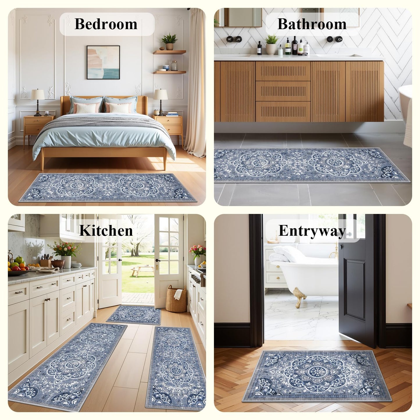Ileading Boho Kitchen Rugs Sets 3 Piece with Runner Floral Kitchen Floor Mat Carpet Farmhouse Kitchen Rugs and Mats Non Skid Washable Runner Rug for Kitchen Floor Office Sink Laundry, Blue