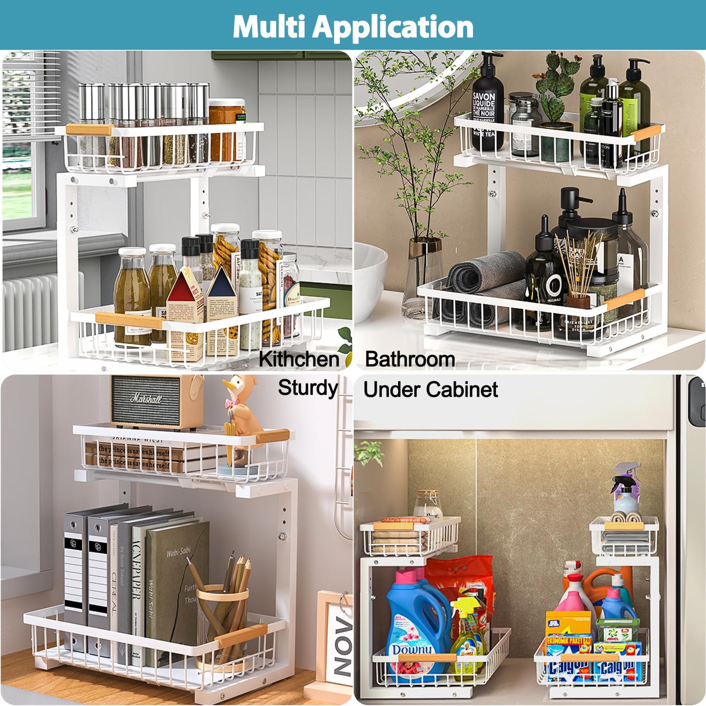 Liuoud Under Sink Organizer 2 Pack, 2 Tier Slide Out Large Capacity Height Adjustable Under Sink Organizers and Storage for Kitchen Bathroom Cabinet, White