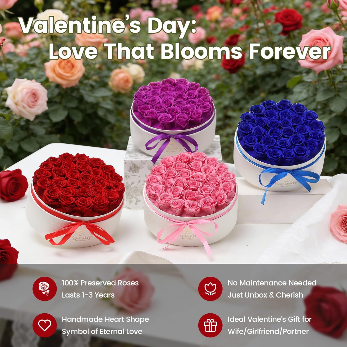 Valentines Day Flowers Roses Gifts for Her,28pcs Red Forever Preserved Roses in Round Gift Box,Valentines Day Delivery Prime Gifts-Roses Gifts for Women,Mom.
