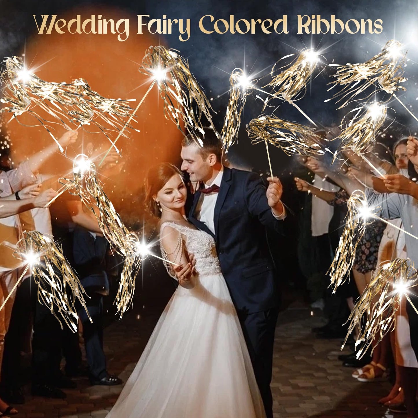 TBOLLY 100 pcs Wedding Wands Light up with LED Tinsel Wedding Streamers for Wedding Send off and Greeting Ideal Props for Weddings, Birthday Parties, Christmas Cheerleading Games (Champagne)