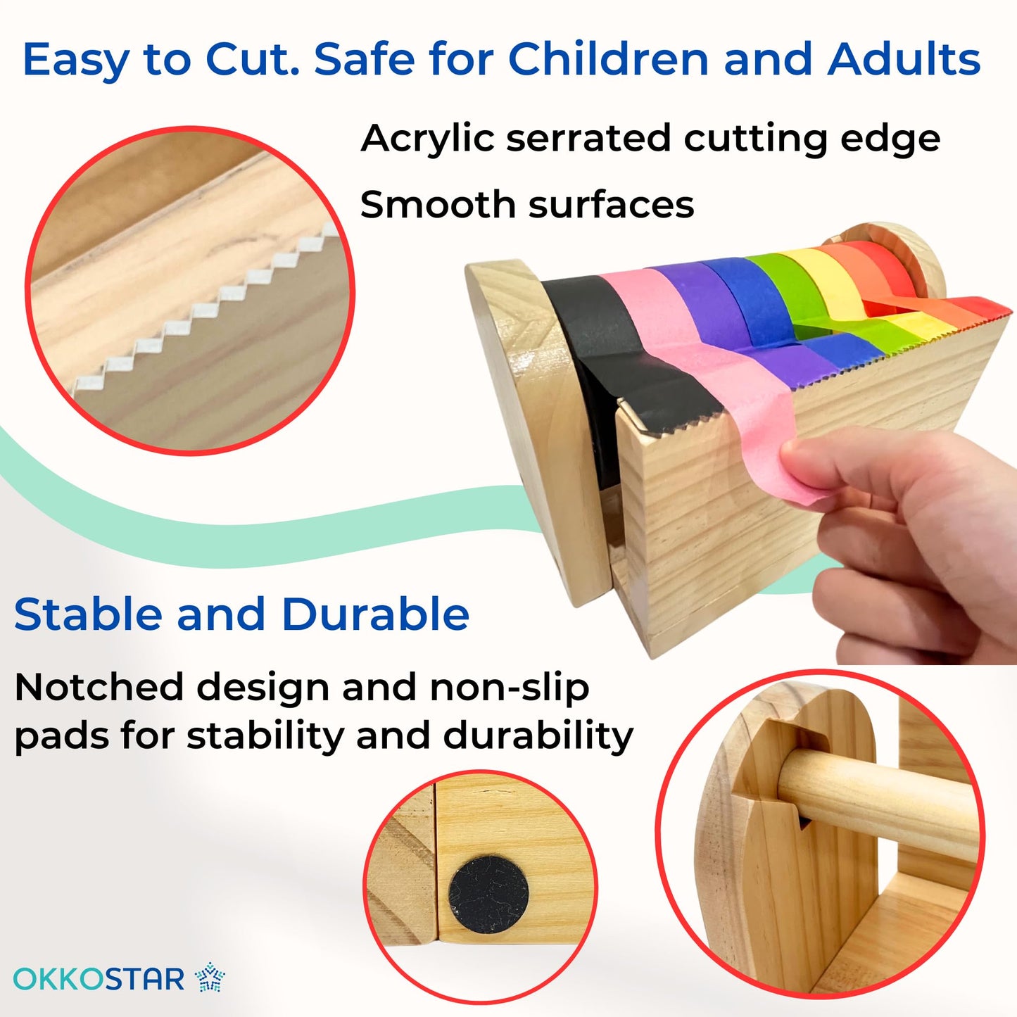Wooden Kids Craft Tape Dispenser, Multi Roll Masking Tape Holder, Washi Tape Dispenser (Acrylic Serrated Cutter) - Perfect Craft Organizer for Children - [Masking Tape NOT Included]