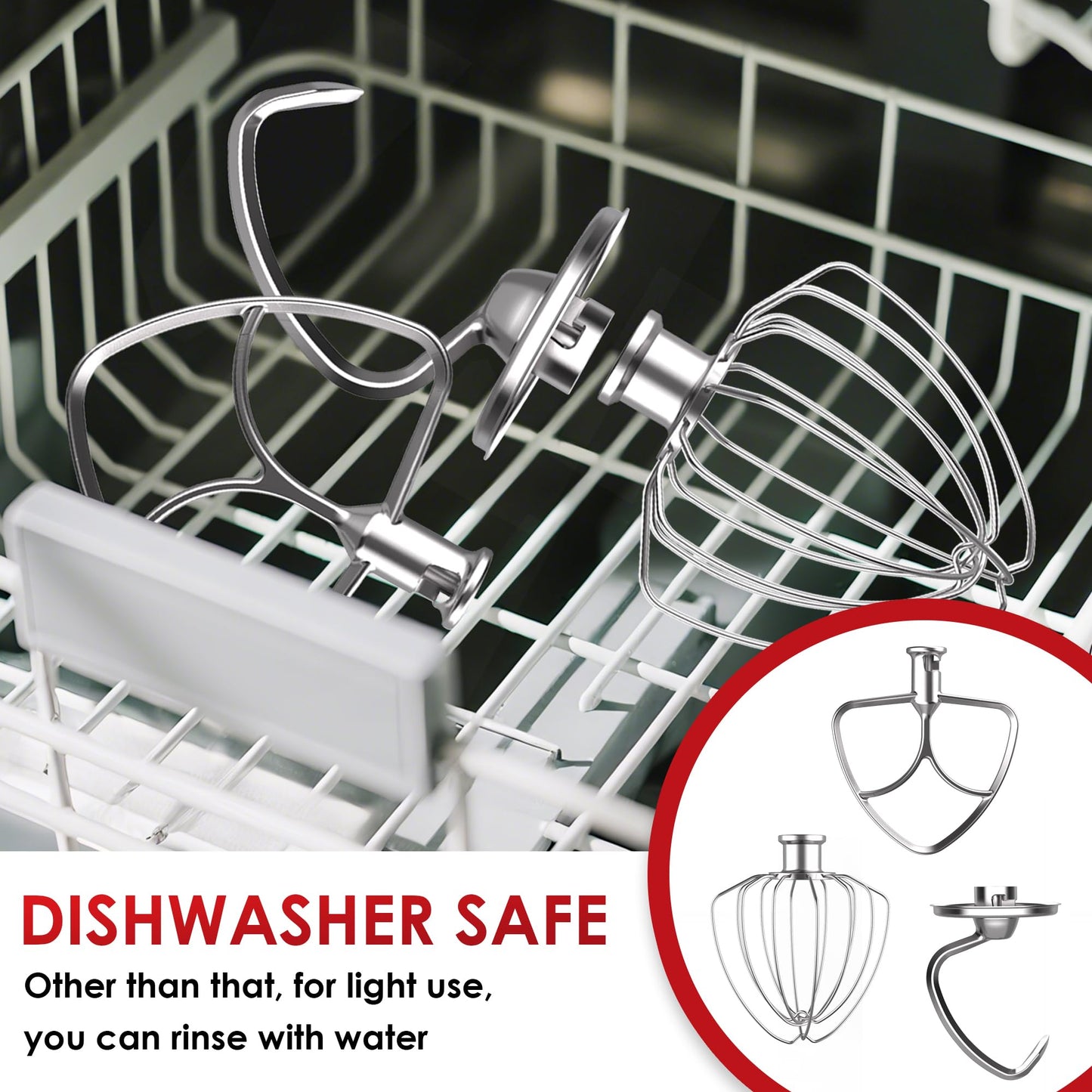 Ezato 3-Piece Stainless Steel Mixer Attachment Kit for KitchenAid 4.5/5 QT Tilt-Head Mixers, K45WW Wire Whip, K45DH Dough Hook & K45B Coated Flat Beater, Baking Essentials Set, Dishwasher Safe