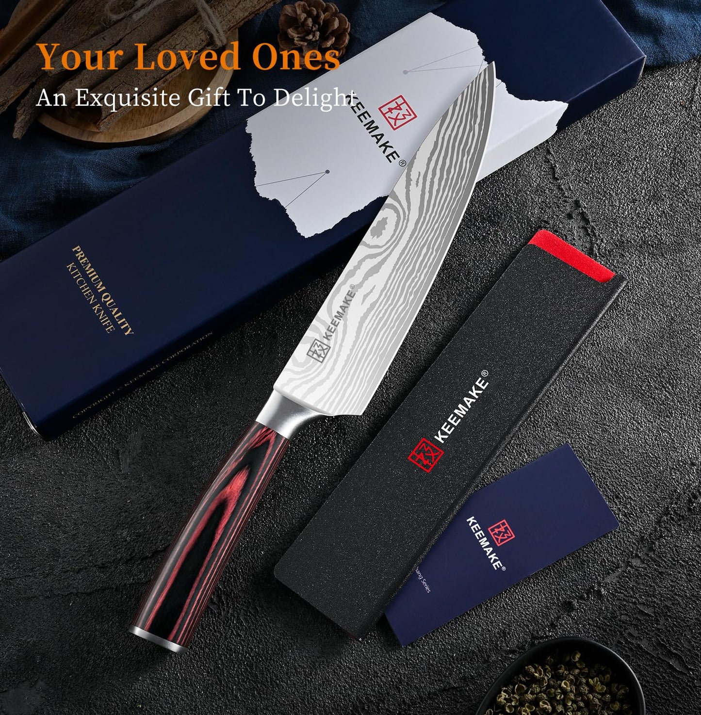 KEEMAKE Chef Knife - 8 Inch High Carbon Stainless Steel Kitchen Knife with Ergonomic Handle, Professional Kitchen Gadgets with Gift Box for Men and Women, Father Day Gifts