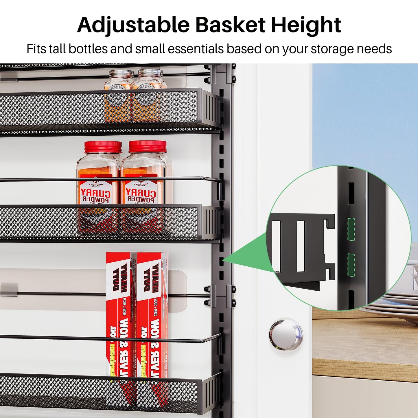 SNTD 8 Tiers Over the Door Organizer - Height Adjustable Pantry Organizers and Storage with Dense Mesh Baskets, Anti-Swing Hanging Door Spice Rack for Kitchen Bathroom (Black, 17" W x 6" D x 69" H)