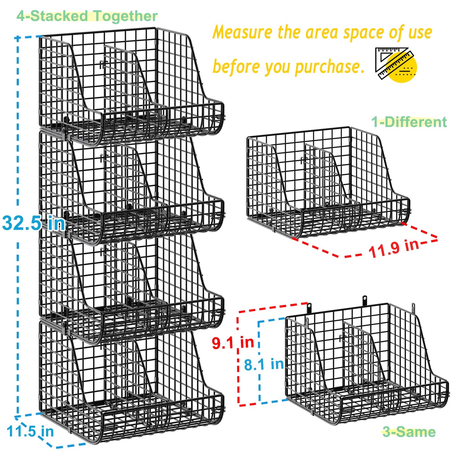 Stackable Soda Can Organizer Stores Up to 72 Cans, 4-Pack Can Storage Organizer for Pantry Shelves, 4-Tier Kitchen Can Holders with 4 Adjustable Dividers, Wire Drink Organizer for Pantry Cabinet Shelf