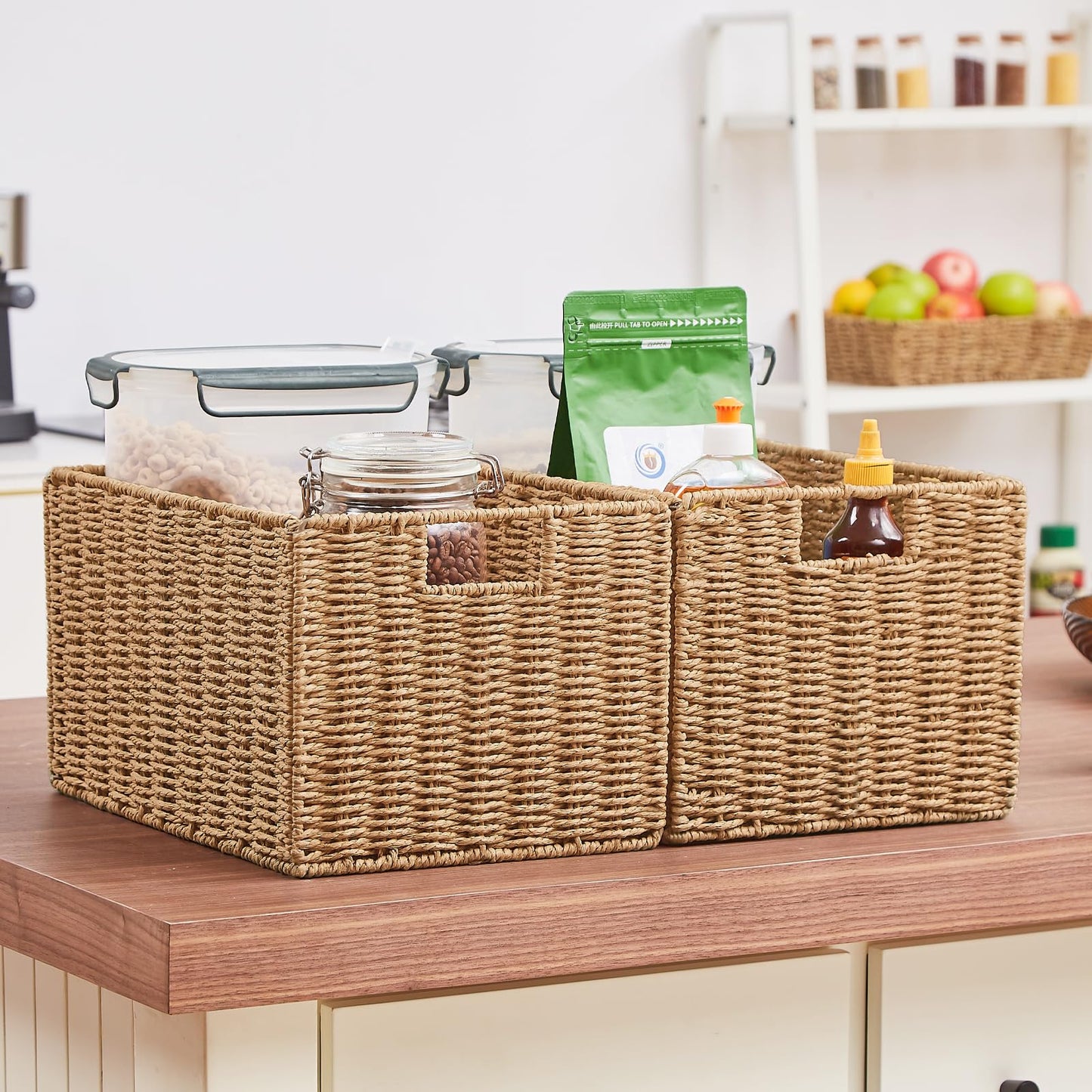 Vagusicc Wicker Storage Basket, Set of 2 Hand-Woven Paper Rope Wicker Basket, Small Storage Baskets for Organizing Toilet Paper Basket, Foldable Large Cube Storage Organizer Bins for Shelves (Natural)