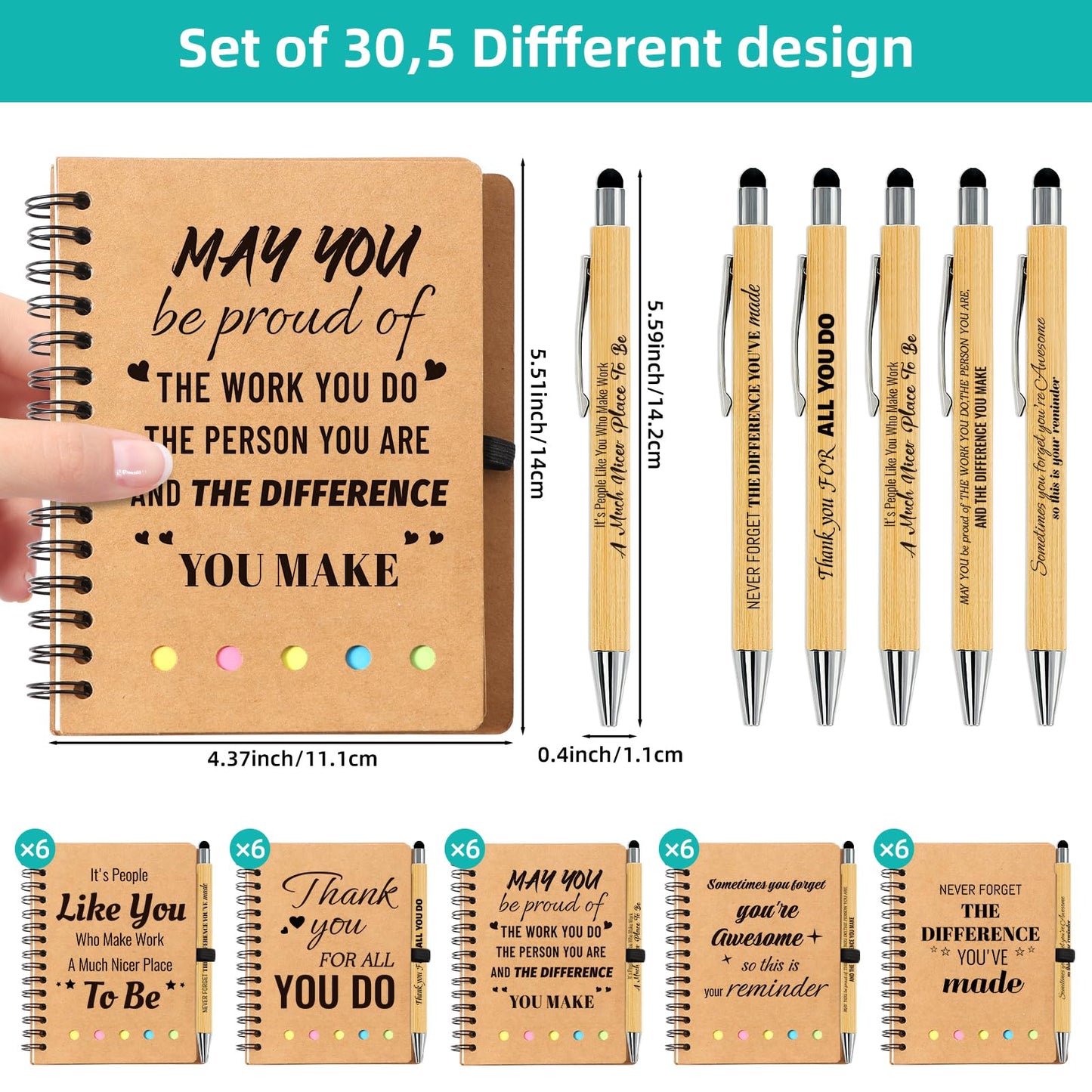 60 Pcs/30 Sets Employee Appreciation Gifts Bulk - Inspirational Spiral Notebooks with Motivational Pens, Thank You Gifts, Valentines Gift for Staff, Coworkers,Teacher, Team, Nurse, Office & School