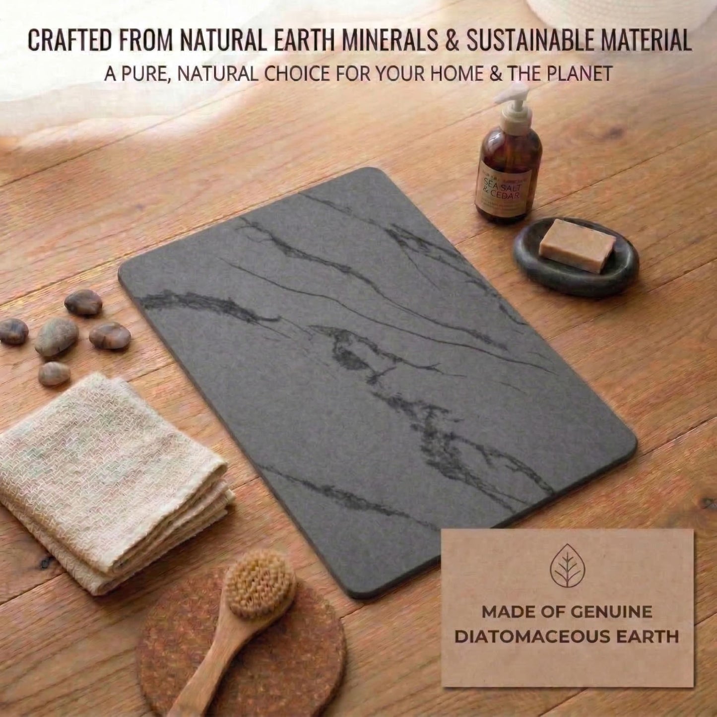 Pebble Nest Stone Bath Mat – Diatomaceous Earth Quick Drying Non-Slip Bathroom Mat – Absorbent Diatomite Shower Mat, Durable & Easy to Clean, Modern, 23.6" x 15.3" (2 Pack Charcoal Black - Marble)