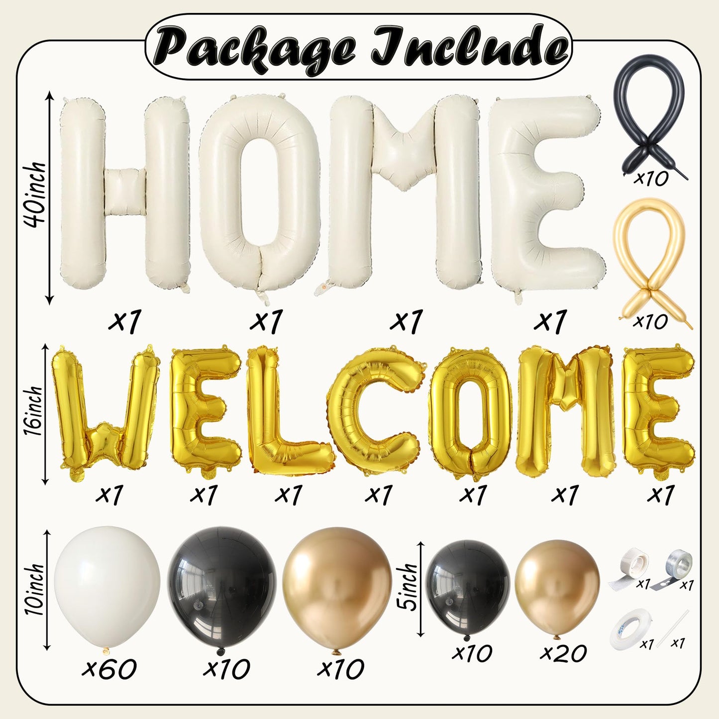 145Pcs Housewarming Party Decorations, 40Inch Beige Welcome Home Balloon Banner, Cream Ivory Black Gold Balloons for New Home Closing Sweet House Warming Homecoming Party Real Estate
