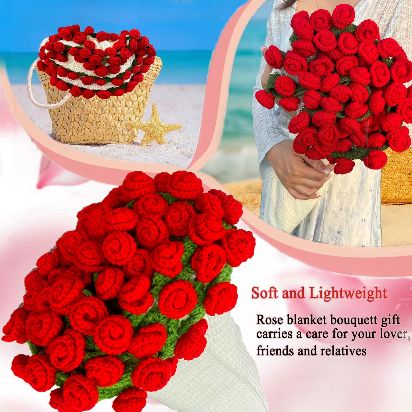 Crochet Flowers Rose Bouquet Blanket - Birthday Mothers Day Gifts for Mom Wife Grandma Women Sister, Handmade Knitted Throw Blankets for Couples Anniversary Wedding Home Decor