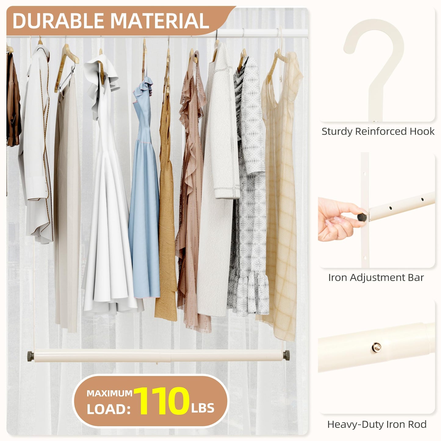 STORAGE MANIAC Adjustable Closet Rod Hanging Clothes Heavy Duty Closet Extender Hanging Rod Space-Saving Clothes Hanging Bar Double Closet Hanging Rod Hanging Closet Organizer Closet Bar,2 Pack White