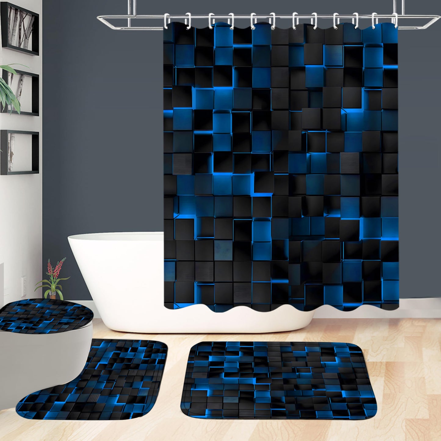 LQCOOL 4Pcs Blue Shower Curtain Set 3D Cubes Bathroom Sets Modern Shower Curtain Set for Bathroom Sets with Rugs Black and Blue Shower Curtain with 12 Hooks