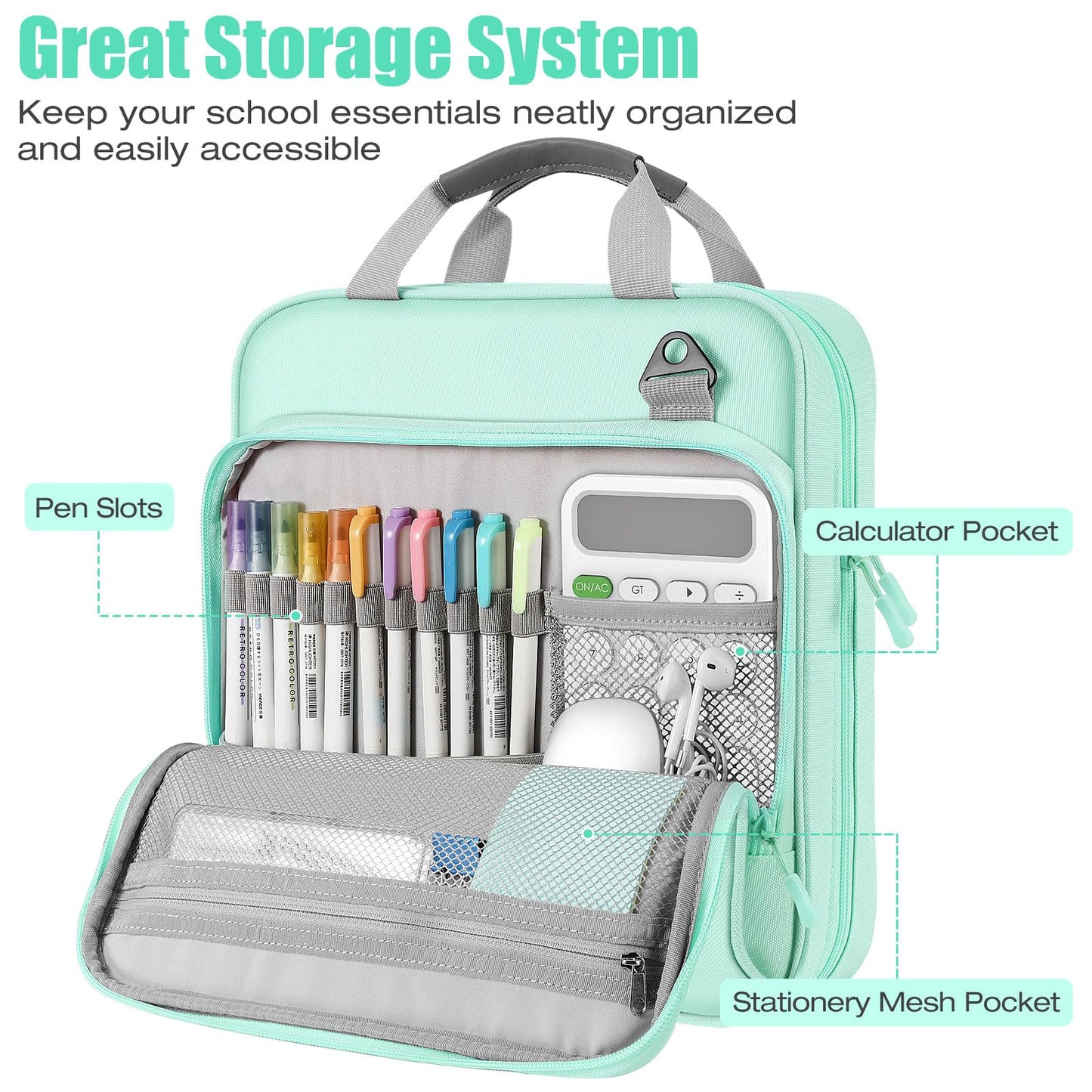 MoKo Zipper Binder, 2 Inch 3 Ring Binder with Zipper, 500 Sheet Capacity Zip Up Binders with Shoulder Strap Handle, Multi-Pocket Zip Up Binders for Middle School Student, Mint Green