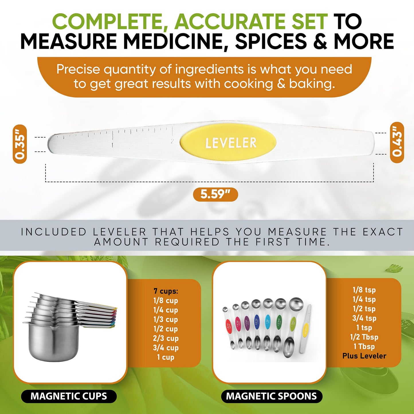 Spring Chef Magnetic Measuring Cups & Spoons Set, Patented, Strong N45 Magnets, Heavy Duty Stainless Steel Fits in Spice Jars for Baking & Cooking, BPA Free, Set of 15 with Leveler, Multicolor