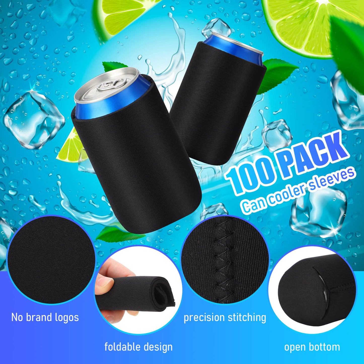 Chengu 100 Pack Blank Beer Can Cooler Sleeves Soft Insulated Reusable Drink Cooler Bulk Collapsible Sublimation Can Cooler Sleeves for Wedding Party Supplies (Black, Simple Style)