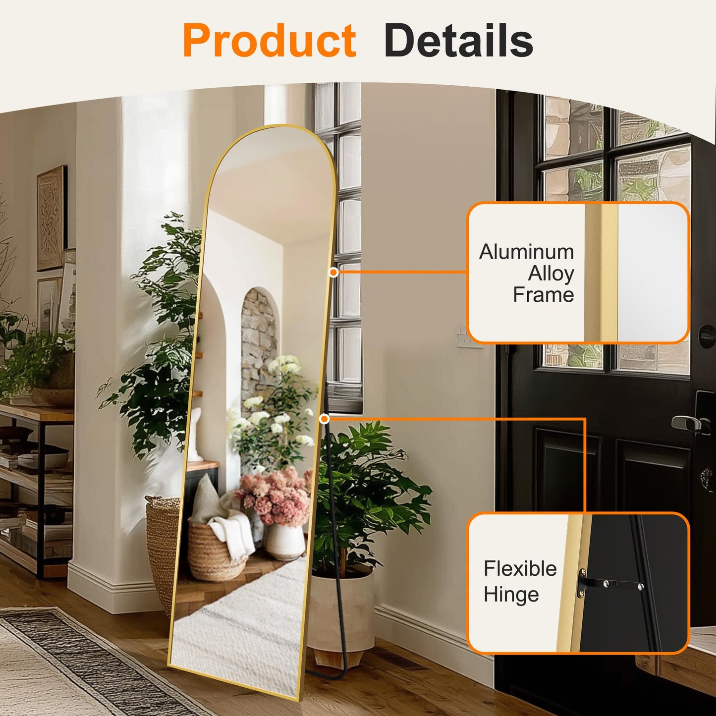 TRAHOME Arched Full Length Mirror, 56"x15" Standing Body Mirror for Wall, with Aluminum Alloy Frame for Bedroom, Living Room, Dressing Room(Gold)