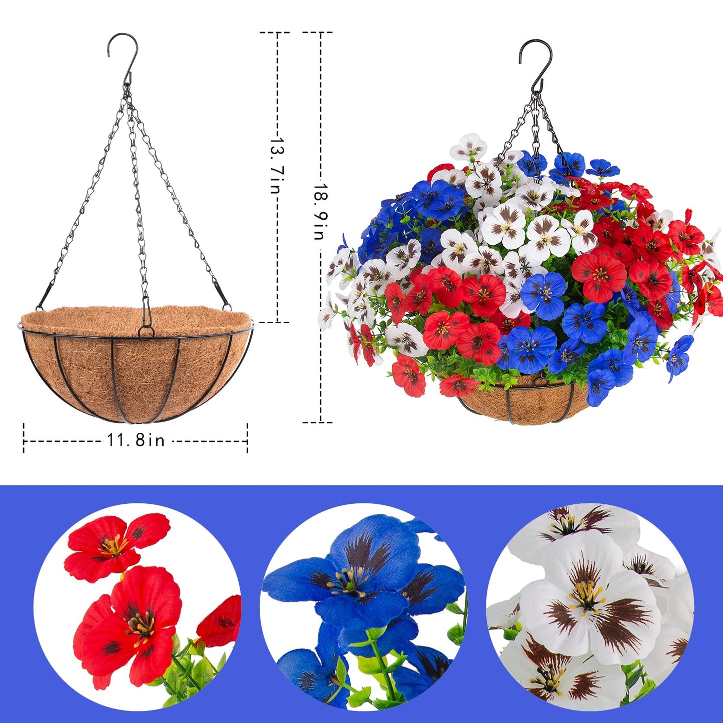 lovemoon 2 Sets Artificial Hanging Pansies Flowers with Baskets, 24 Pcs Faux Patriotic Silk Pansy Outdoor Flower for Porch Patio Garden Home Summer 4th of July Decor (Y/P/W) (2, RedWhiteBlue)