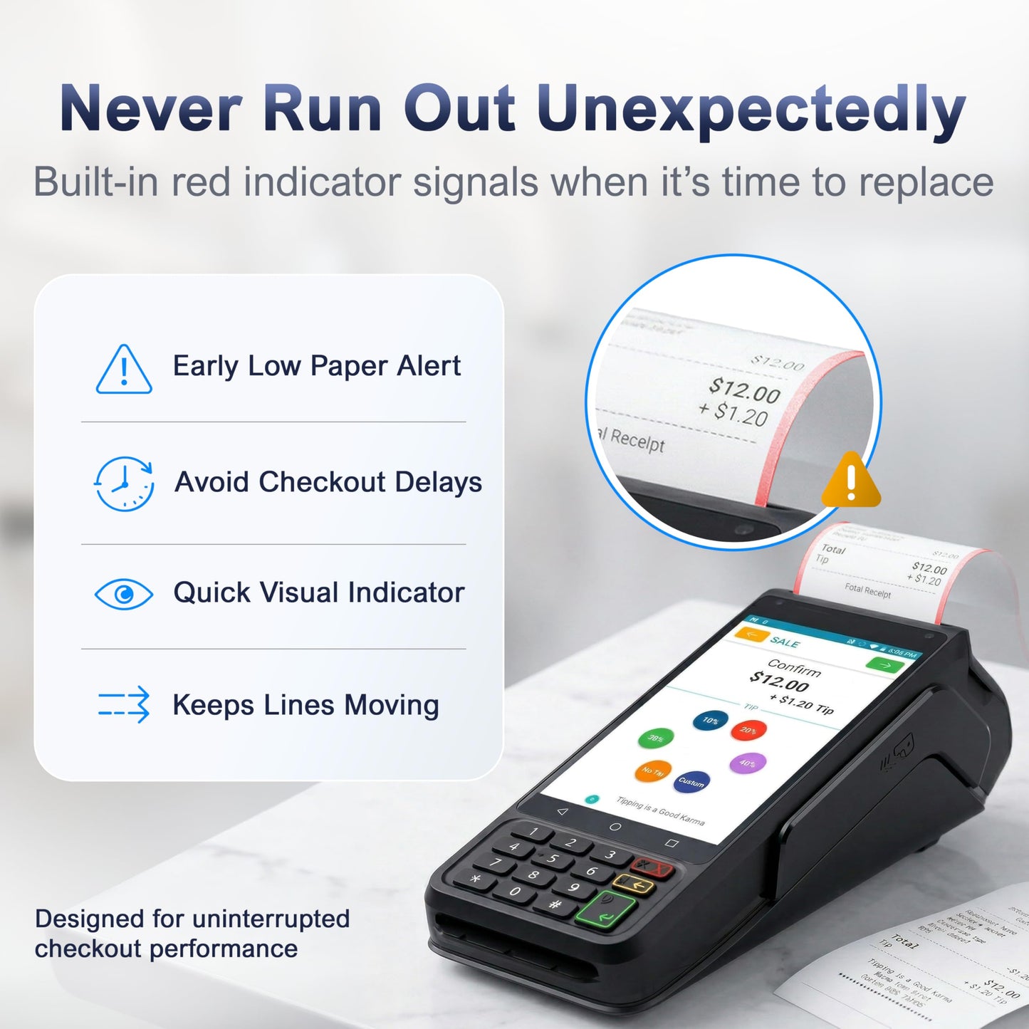 Vonlyst Thermal Receipt Paper Rolls for Dejavoo Z8 Z9 Z11 P1 P3 P8 QD1 QD2 QD4 QD5 – 2 1/4 x 55 BPA Free Credit Card Machine & POS Printer Paper with Red End Warning Stripe – 30 Pack