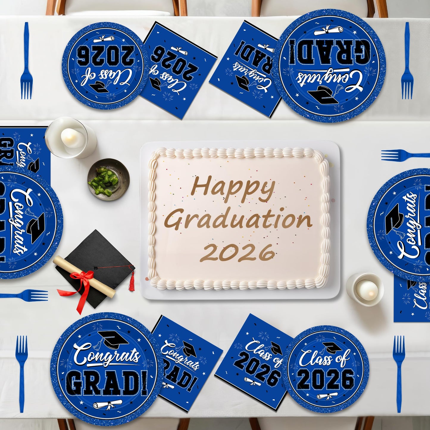 200Pcs Graduation Decorations 2026, Blue Graduation Plates and Napkins Party Supplies for 50 Guests, Disposable Grad Plates, Napkins, Dessert Plates and Forks for Grad Decor Wedding Birthday Supplies