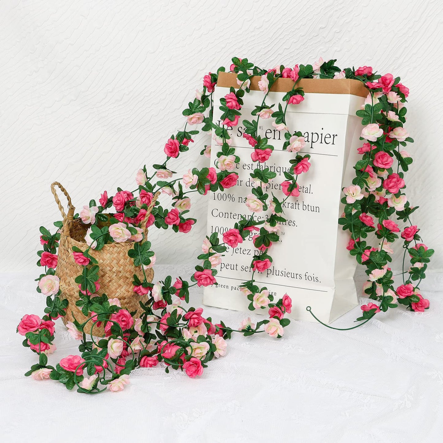 KHOYIME 18 Pack 144 FT Artificial Flower Garland, Fake Pink Roses Vines Silk Flowers Faux Plastic Outdoor Hanging Floral Ivy Garland Decoration for Wedding Arch Bedroom Home Wall Backdrop Room Decor