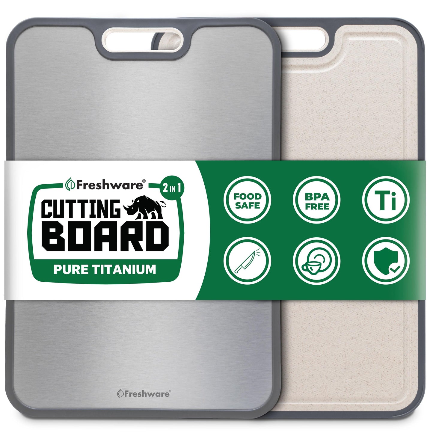 Freshware Titanium Cutting Board for Kitchen, Double Sided and Non Slip Cutting Boards, Pure Titanium/PP, Chopping Board with Juice Grooves, Dishwasher Safe, Large 15.2" by 10.5"