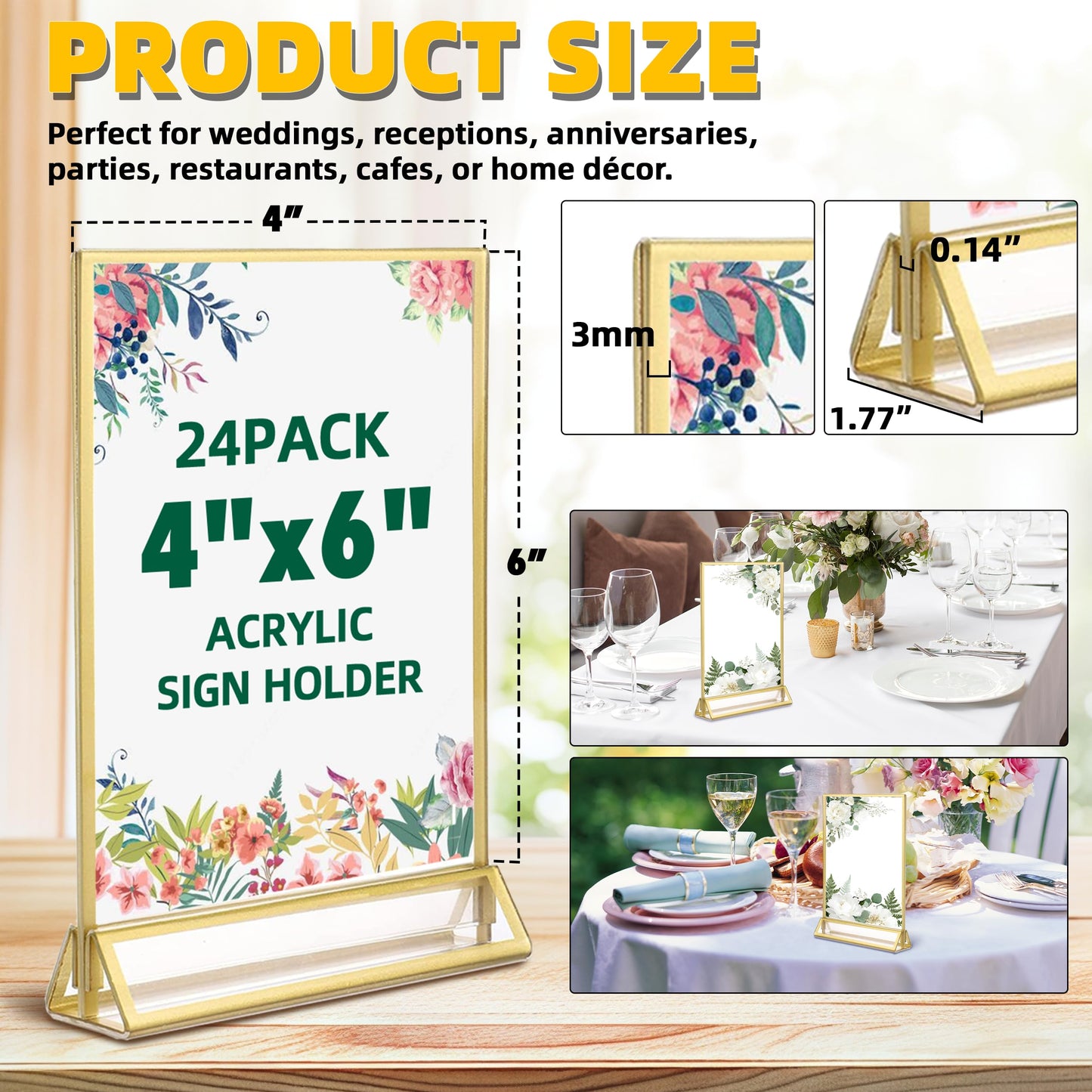 TonGass 24-Pack 4"x6" Gold Acrylic Picture Frames – 3mm Gold Border Wedding Table Number Holders, Clear Double-Sided Acrylic Sign Holders for Weddings, Banquets, Parties, Centerpieces