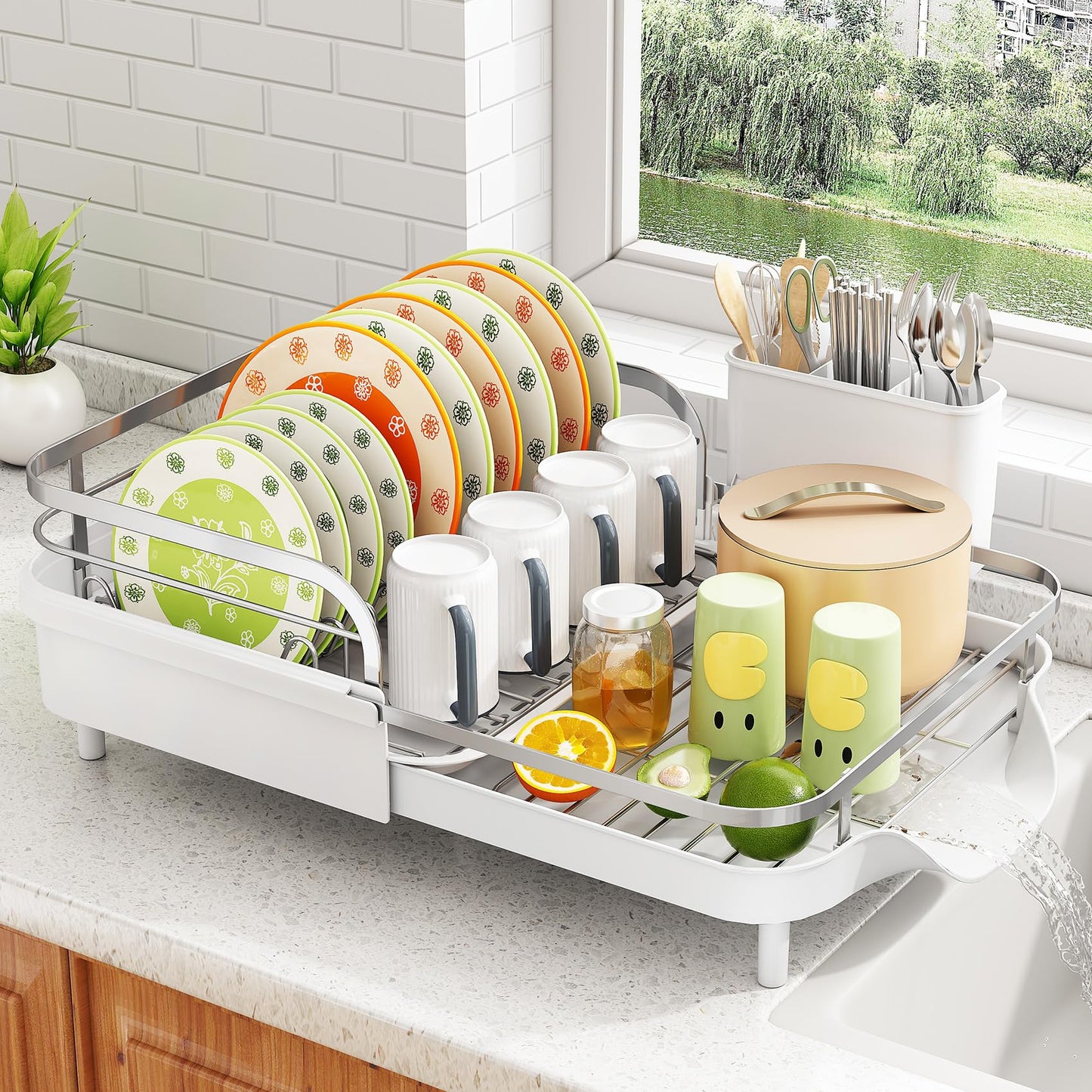 SAYZH Dish Drying Rack - Expandable Dish Rack for Kitchen Counter, Rust-Resistant Dish Drainer with Utensil Holder and Raised Guardrail, Kitchen Organizer for Cup and Bottle (White)