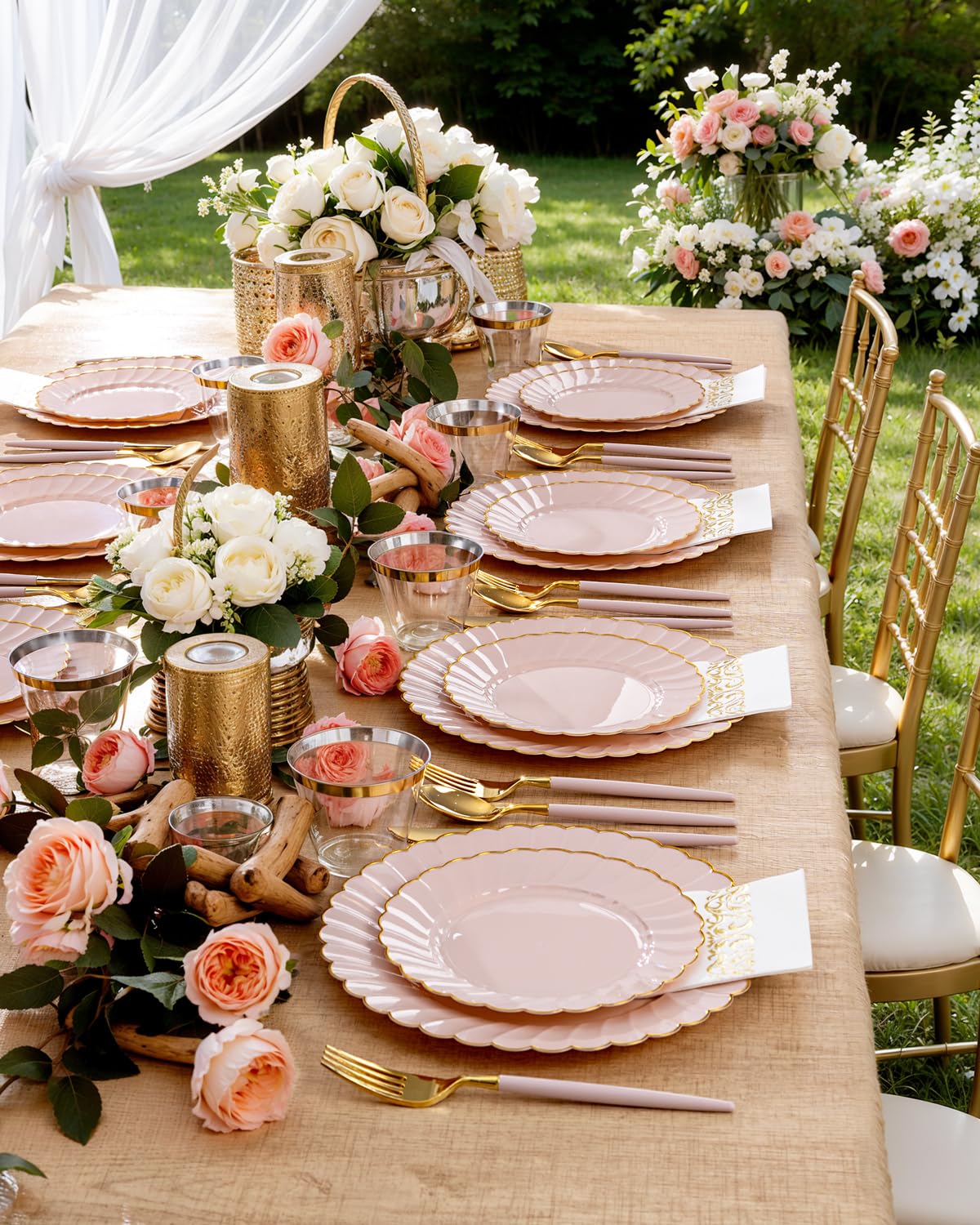 Ciaell 175 PCS Pink Scalloped Plastic Plates with Gold Trim - Pink Plastic Silverware with Handle - Fancy High-End Dinnerware Sets for Wedding & Baby Showers & Party