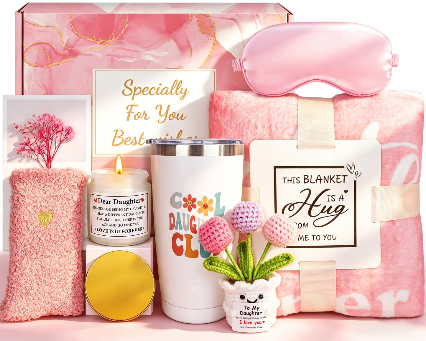 Mother's Day Basket Gifts for Adult Daughter, Best Daughter Ever Gifts,Unique Birthday Basket for Girl from Mom Dad with 50"x 60" Daughter Throw Blanket,Tumbler,Handmade Crochet Flower