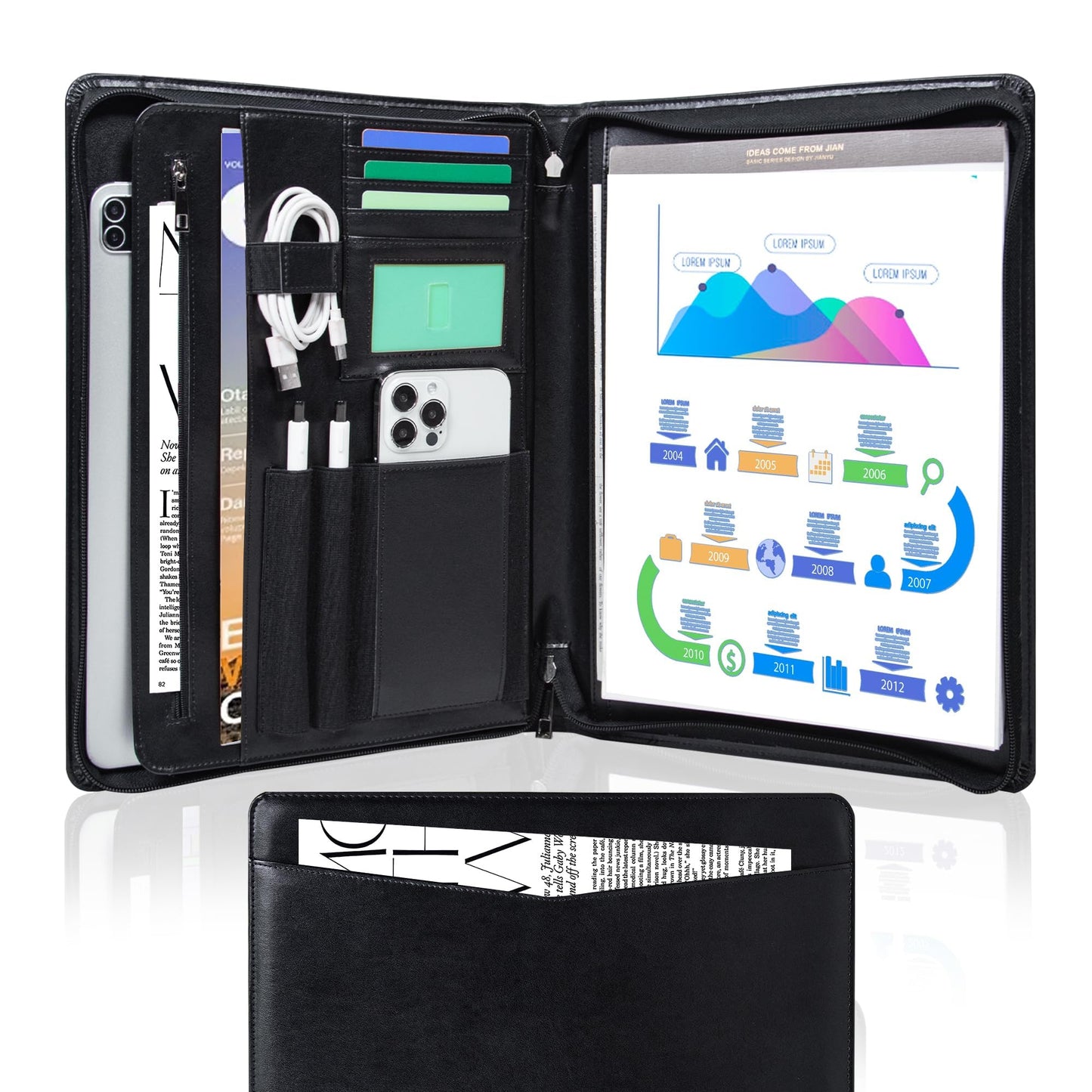 Calfinder Leather Padfolio with Zipper, Professional Business Padfolio for Women,Leather Portfolio for Men,Portfolio Binder for Ipad,Document and Resume,Gift for Valentine's Day