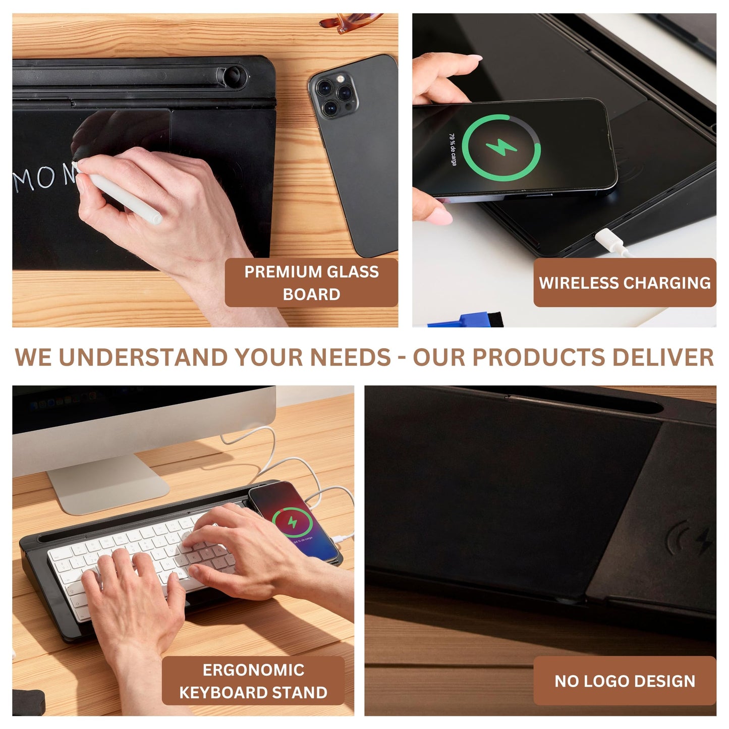 Garood Desktop Whiteboard Black with Wireless Charger Adapter Included Desk Buddy Charging Desktop Whiteboard Keyboard Glassboard Dry Erase Board Dry Erase Accessories 15.8X7X2 inches