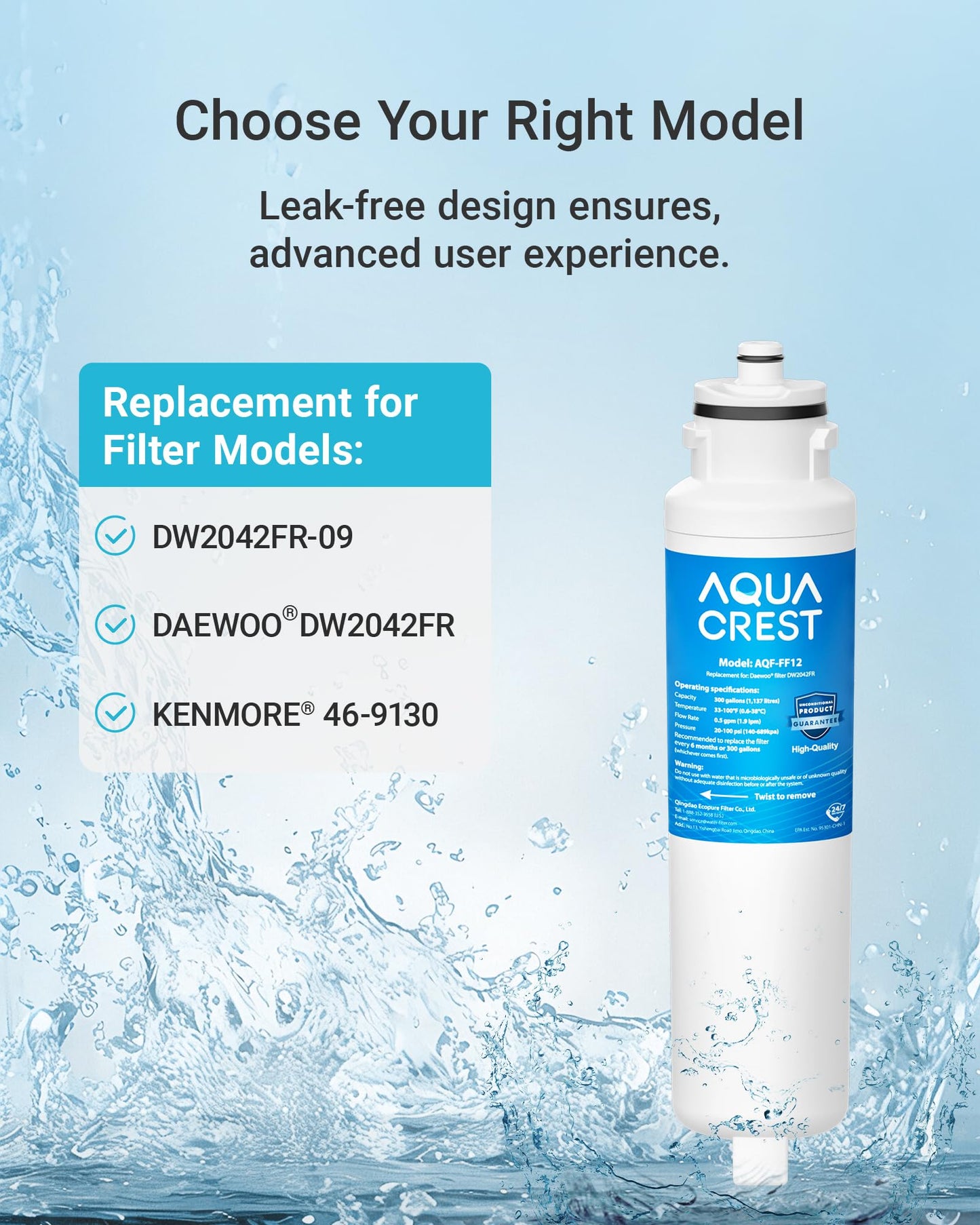 AQUACREST DW2042FR-09 Refrigerator Water Filter, Compatible with Daewoo DW2042FR, Kenmore 46-9130, DW2042FR-09, Aqua Crystal DW2042F-09 (Pack of 3)