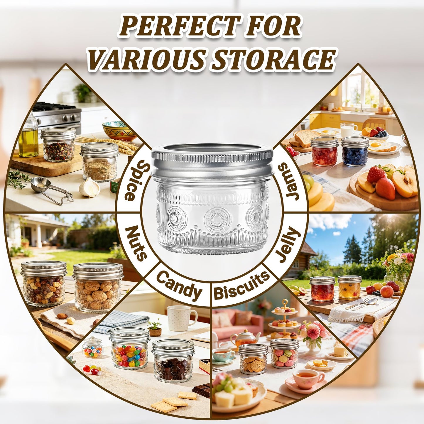 Alotpower 4 oz Glass Mason Jars with Embossed Pattern 24 Pack, Small Canning Jars with Airtight Lids, Mini Glass jars for Jams, Jelly, Honey, Spices,Desserts,Wedding Favors and Gift Packaging