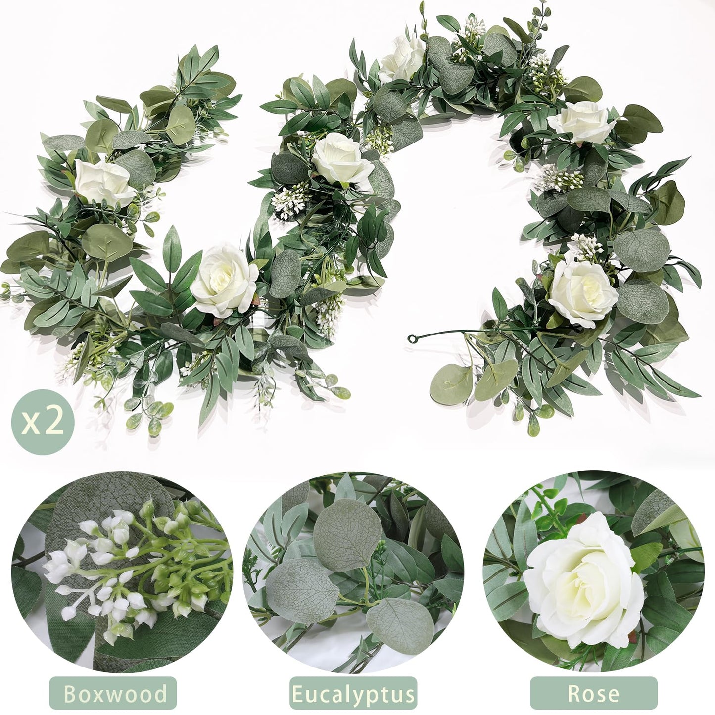 2 Pack Artificial Spring Eucalyptus Flower Garland with White Roses, 13Ft Fake Flower Greenery Floral Green Garland Vines for Wedding Arch Table Runner Backdrop Mantle Home Decorations (White)